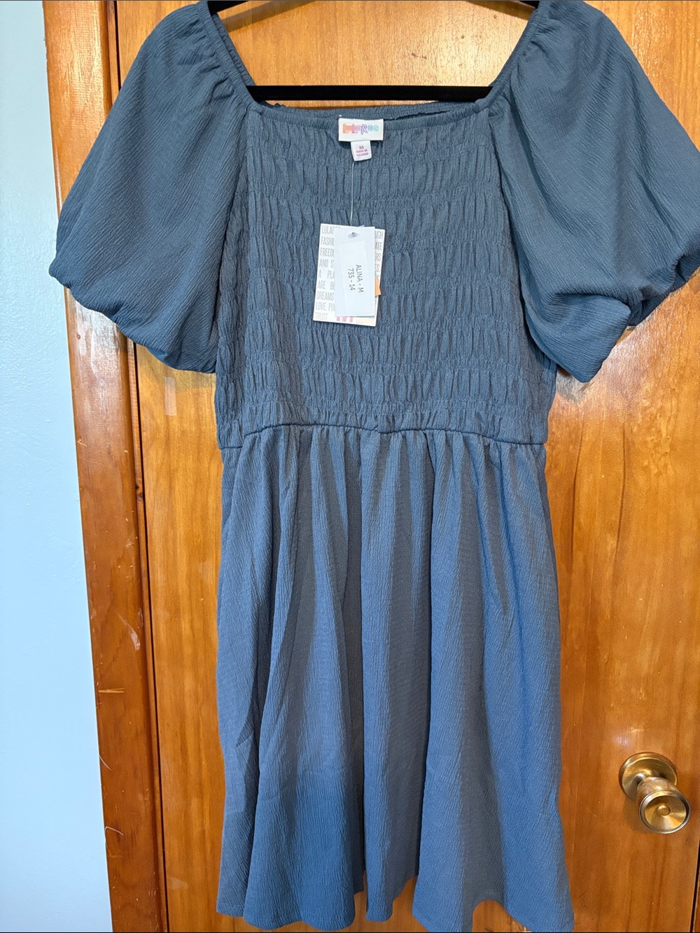 NWT LuLaRoe Slate Blue Puff Sleeve Smocked Alina Dress - Size M